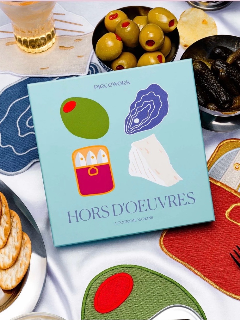 Novelty Piecework Linen Cocktail Napkins, Set of 4